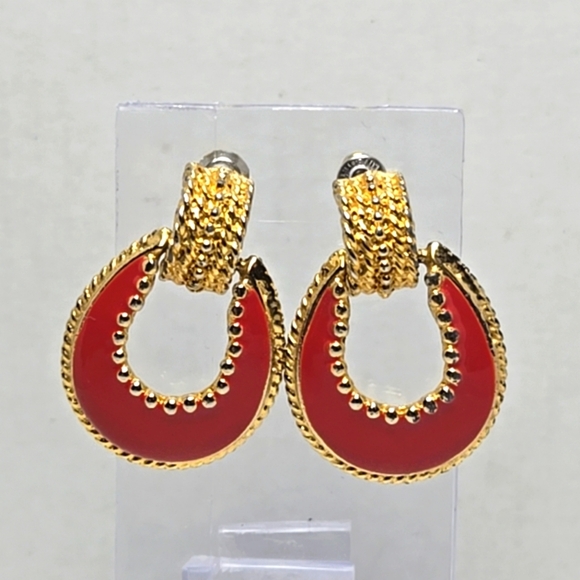 Vintage Sarah Coventry Western Saddle Stirrup Red Gold Toned Earrings Rodeo - Picture 1 of 7